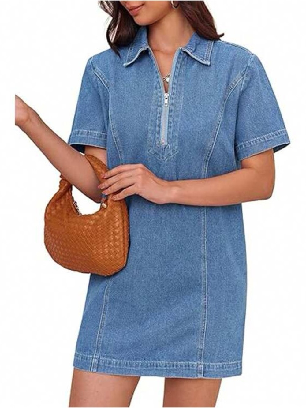 Denim Mini Dress Short Sleeve Summer Casual Half Zip